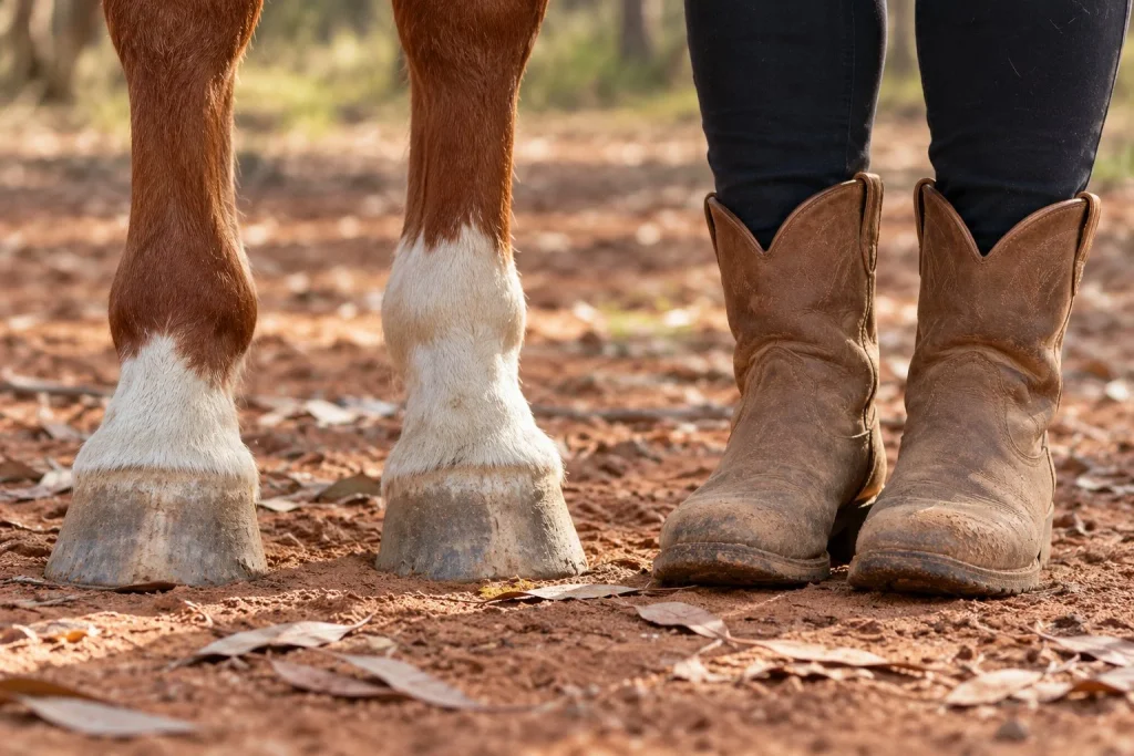 Boots and hooves side by side on red earth