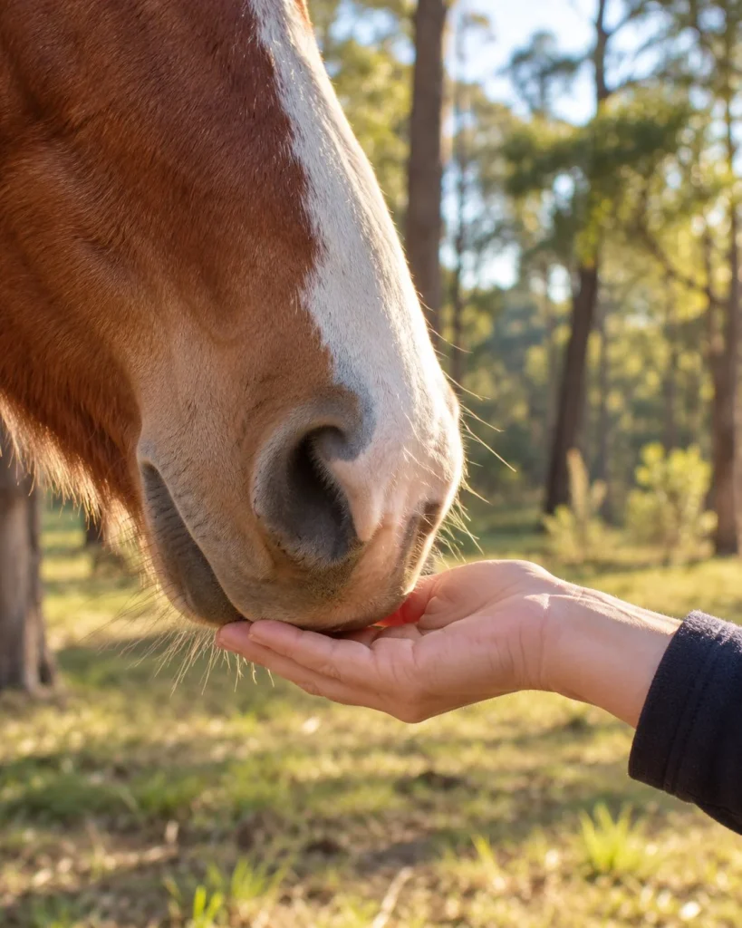 A horse’s soft muzzle resting in an open hand
