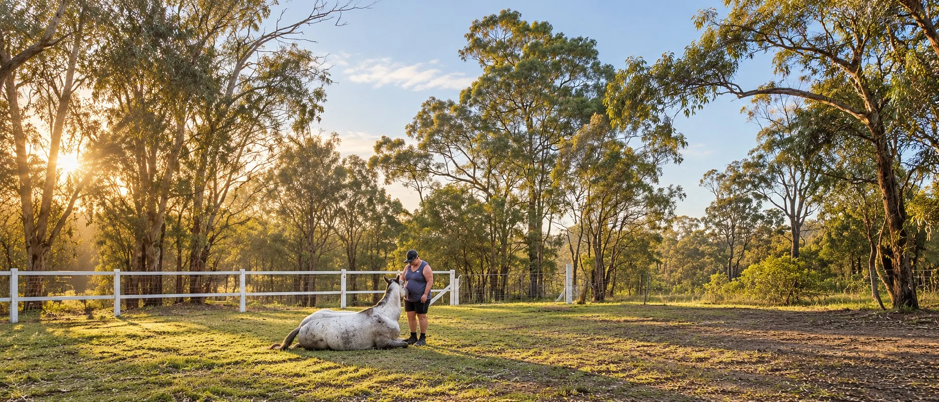 Morning light over the paddocks and gum trees at Blaxlands Ridge, a horse resting in the grass