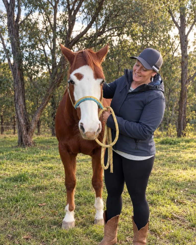 Sunny, a chestnut horse with a white blaze, standing with Liz in the paddock