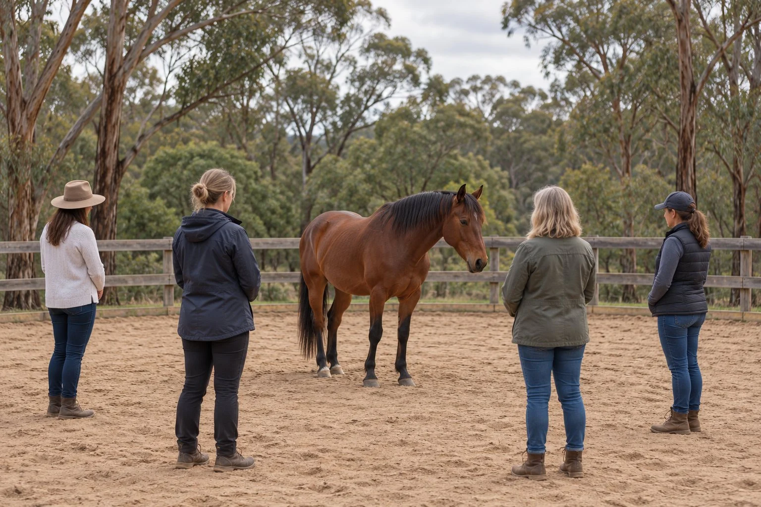 A small team standing in a sandy round yard with a calm bay horse